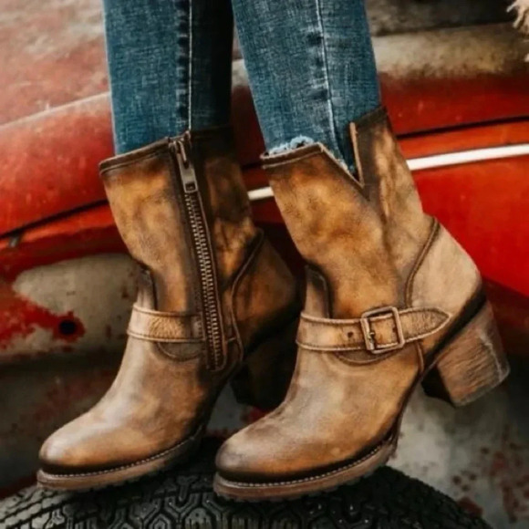 FreeBird Carlito Brown Leather Boho Western Moto Boots - Picture 16 of 16